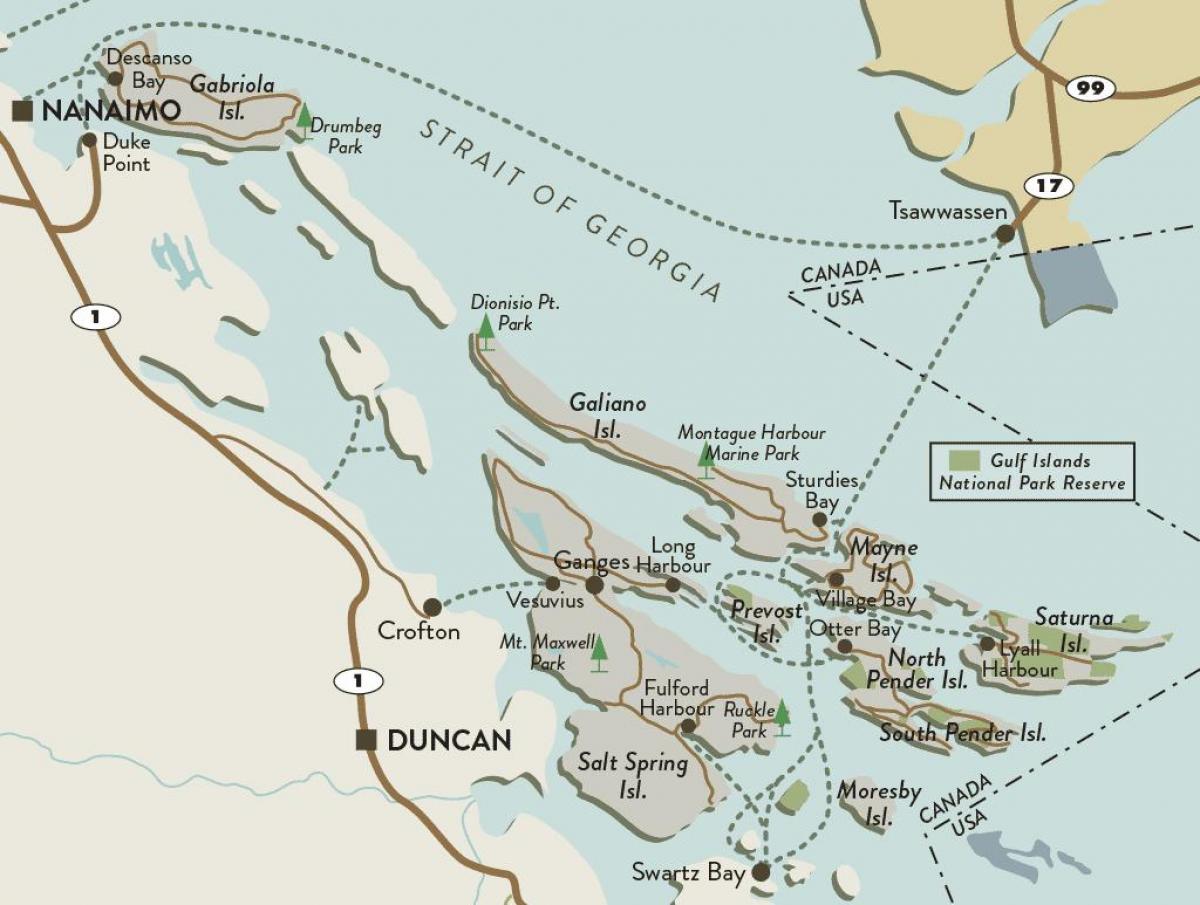 karta otoka Vancouver i otoka Gulf 
