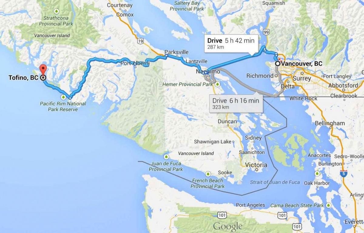 Karta Tofino na otoku Vancouver 